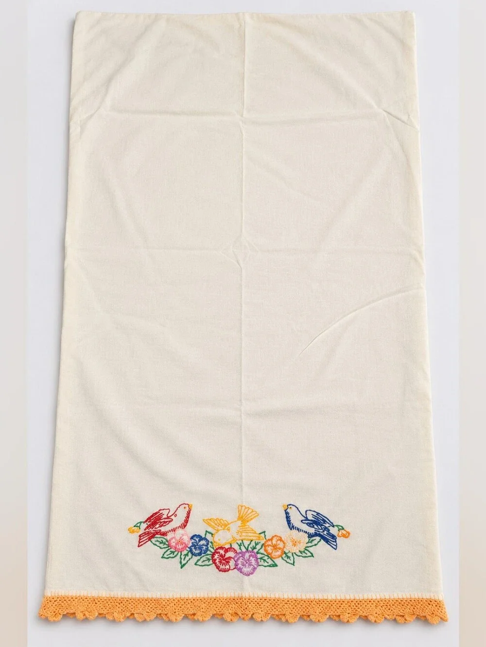 Handmade Vintage Embroidered Birds Floral Pillowcase Ivory Crochet Trim 20x33